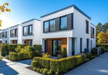 Fototapeta premium Modern white residential building surrounded by lush greenery under a clear blue sky, showcasing contemporary architectural design and landscaping.