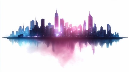 Fototapeta premium City skyline with reflection in water, illuminated in neon lights, artistic concept