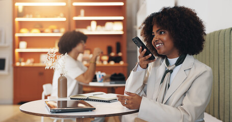 Speaker, cafe and woman with phone, talking and consulting contact with tech, smile and business. Communication, recruiter and discussion for meeting in coffee shop, employee and person with mobile