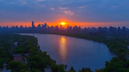 Sunset over cityscape reflected in river.