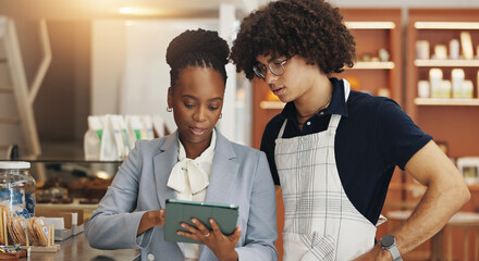 Business people, waiter and tablet in cafe, internet and service with new menu choices. Employees,...