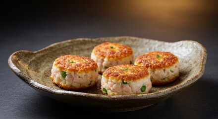 Delicious Pan Fried Shrimp Cakes Appetizer on Rustic Plate