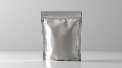 Shiny Pouch Mockup: A sleek, silver pouch stands prominently, its surface reflecting the ambient light and highlighting the sealed top, ready to showcase product packaging.