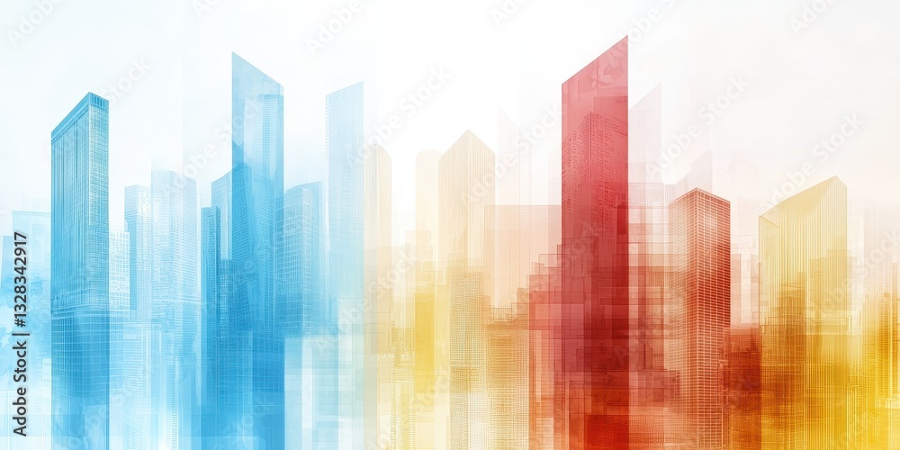Poster abstract city skyline with colorful gradients blending blue, red, and yellow hues, creating a vibran