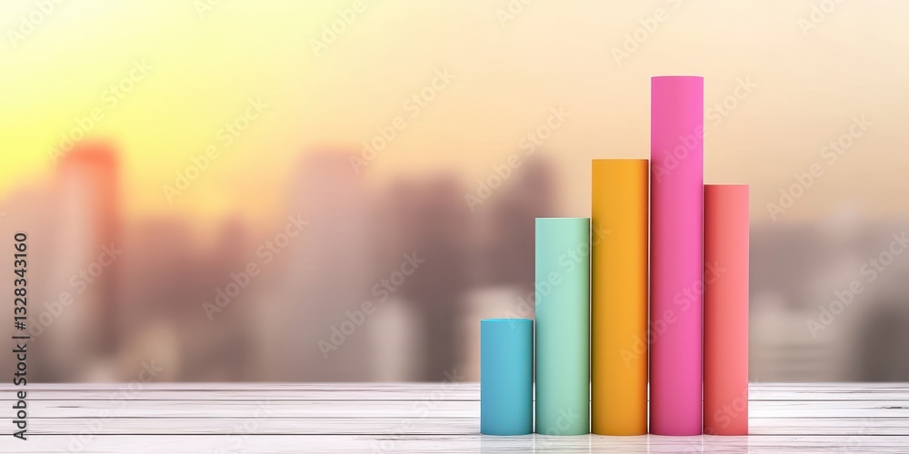 Aufkleber a colorful bar chart stands on a wooden table against a blurred city skyline at sunset, symbolizing 