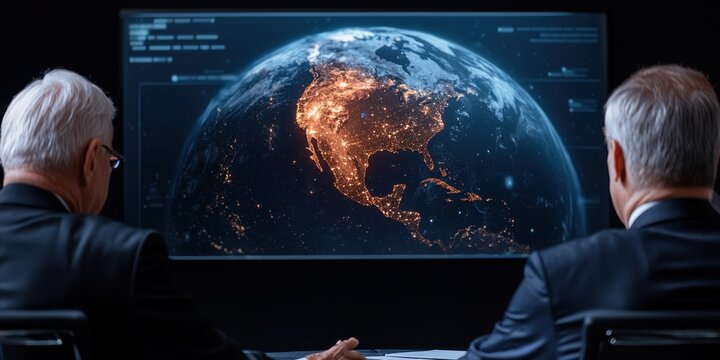Two individuals observe a digital globe displaying illuminated regions, reflecting global data and connectivity in a high-tech environment. - Powered by Adobe