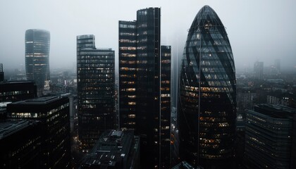 City skyline at dawn, fog obscuring the lower buildings.  Tall skyscrapers glow with internal lights