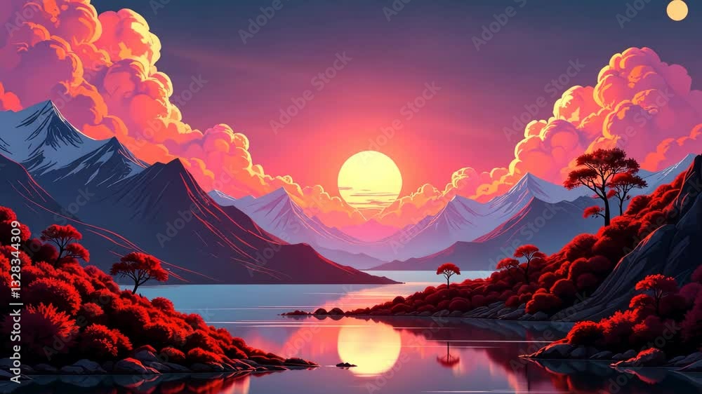 Poster a beautiful landscape with a large mountain range and a lake. the sun is setting and the sky is fill