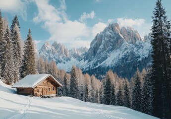 Quaint Wooden Cabin in Winter Wonderland Surrounded by Snow-Capped Mountains and Lush Evergreen Trees in a Beautiful Alpine Landscape