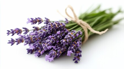 Close-up of fragrant lavender bouquet tied with twine, stems and purple flowers
