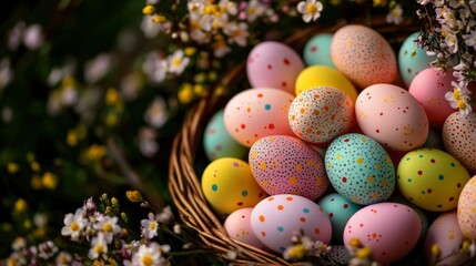Obraz premium Colorful decorated eggs in a wicker basket, surrounded by spring flowers