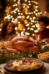 Roasted turkey centerpiece at a festive Christmas dinner with family