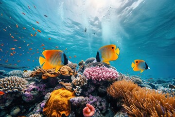 Obraz premium Wide angle underwater photo of coral and sea fishes animal outdoors aquatic.