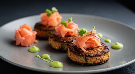 Gourmet Salmon Cakes with Pickled Ginger and Avocado Crema Elegant Appetizer