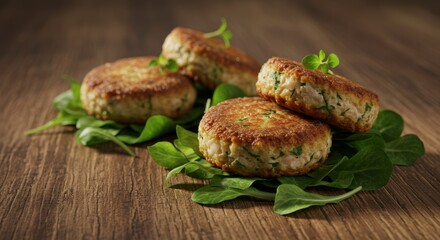 Delicious Golden Brown Fish Cakes with Fresh Herbs Close Up Shot on Rustic Wood