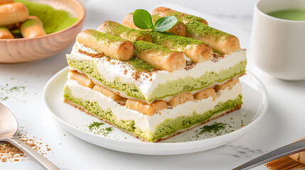 Delightful matcha tiramisu layered with creamy mascarpone and ladyfingers