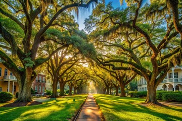 Fototapeta premium Savannah Georgia Park Panoramic: Spanish Moss Draped Oaks