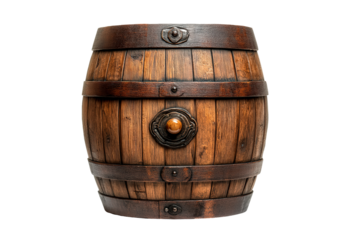 Wooden barrel with metal bands isolated on transparent background