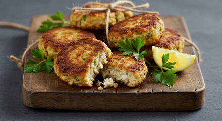 Delicious Golden Brown Crab Cakes on Rustic Wooden Board with Lemon and Parsley