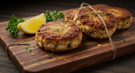 Delicious Golden Brown Crab Cakes on Rustic Wooden Board with Lemon and Parsley