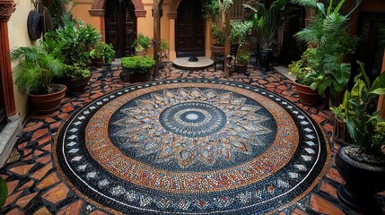 Ornate mosaic courtyard floor, tropical plants, Mexican architecture