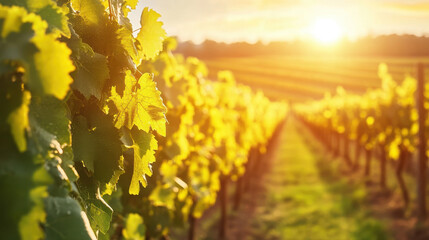Fototapeta premium A sunlit vineyard with lush grapevines and a scenic landscape at sunset.