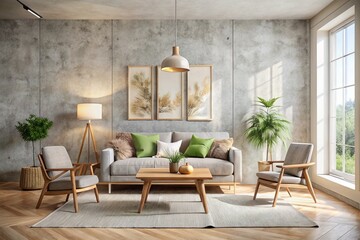 Scandinavian Minimalist Living Room: Concrete Wall, Modern Furniture, Cozy Interior Design