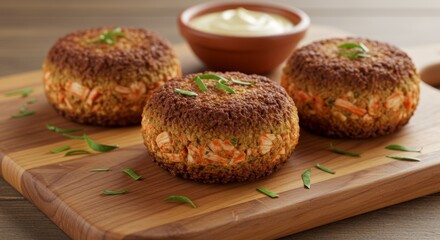Delicious Spicy Crab Cakes on Wooden Board with Creamy Dipping Sauce
