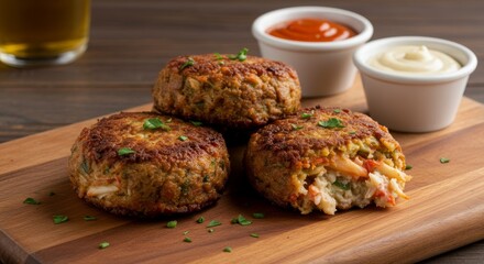 Delicious Golden Brown Crab Cakes on Wooden Board with Dipping Sauces