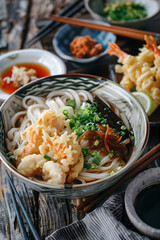 Homemade Udon Noodle with Tempura: A rustic Japanese food journey on a plate