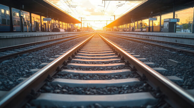 A sunset view along railway tracks leading to a train station.
