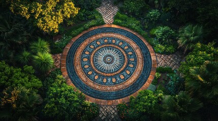 Fototapeta premium Aerial view of circular mosaic garden fountain