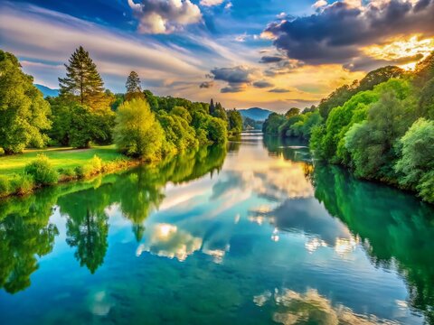 Scenic Alte Aare River in Lyss, Switzerland - Calm Water, Green Banks