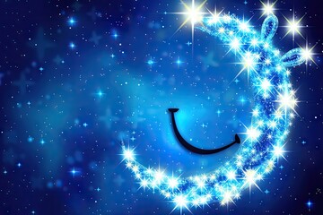 Smiling crescent moon in starry night sky