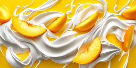 Peach Mango Yogurt Splash: Fresh Fruit with Creamy Milk, Healthy Breakfast Label or Advertising Element Design