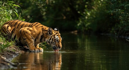 Fototapeta premium Young Bengal Tiger Quenching Thirst by Tranquil River in Lush Green Forest
