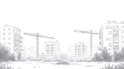 Cityscape construction sketch, buildings under construction, cranes, urban background