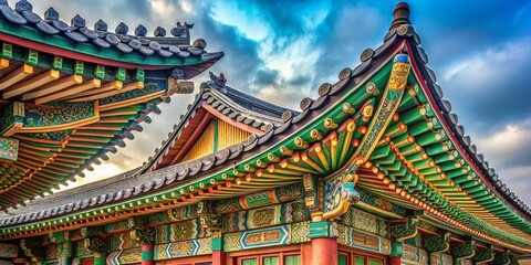 Fototapeta premium Seoul Jogyesa Temple Roof Details: Intricate Korean Architecture, Ancient Tiles, Buddhist Temple