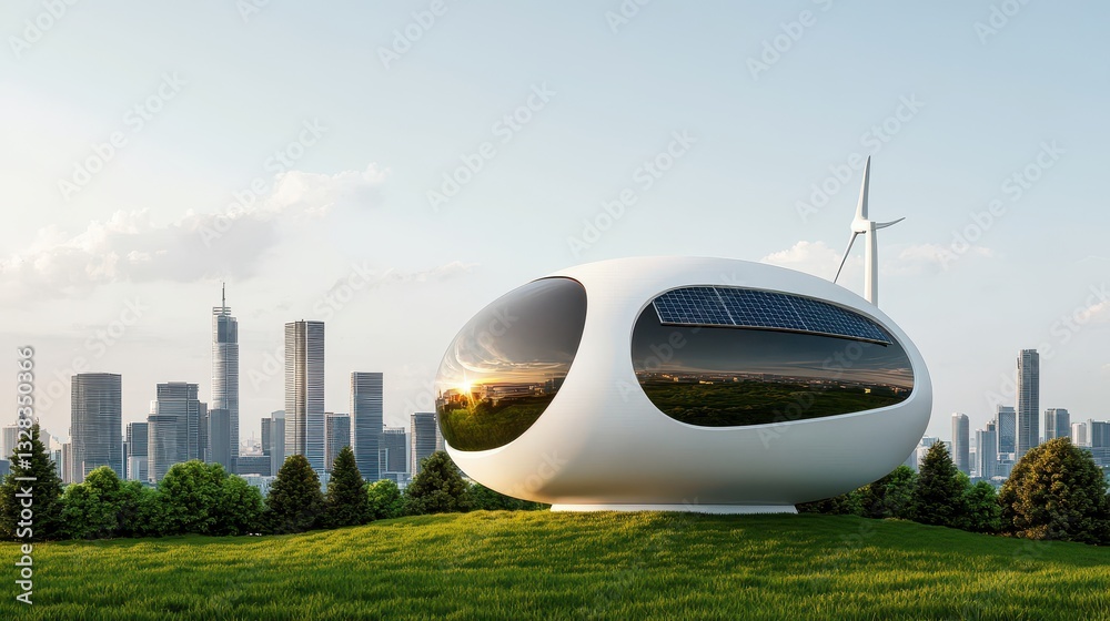 Poster a futuristic building design set in a green landscape, featuring sleek lines and large windows, with