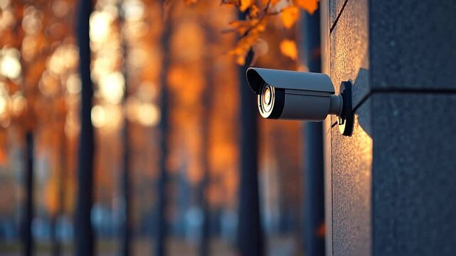 Security camera mounted on a wall in an autumn park