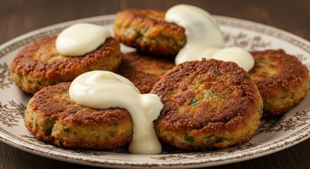 Delicious Crispy Fried Fish Cakes with Creamy Sauce Close Up