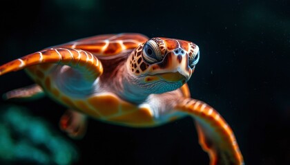 Close-up of a vibrant sea turtle swimming underwater, showcasing intricate shell patterns and intense gaze