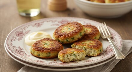 Delicious Crispy Fried Fish Cakes with Creamy Sauce on Vintage Plate