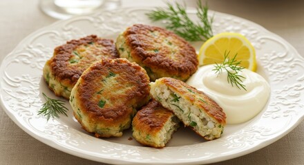 Delicious Homemade Fish Cakes with Dill and Lemon Served with Creamy Mayonnaise