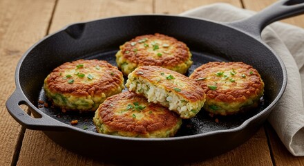 Delicious Golden Brown Crab Cakes in Cast Iron Skillet Fresh Herbs Garnish