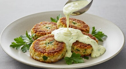 Delicious golden brown fish cakes drizzled with creamy herb sauce garnished with fresh parsley