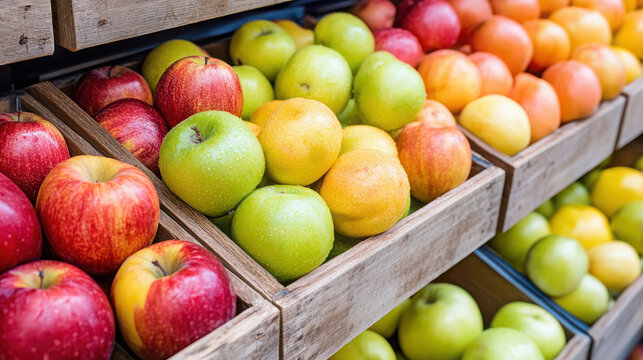 A vibrant display of various apples in wooden crates at a market.