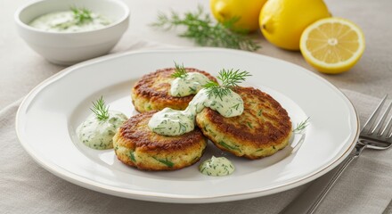 Delicious Fish Cakes with Creamy Dill Sauce Lemon Garnish Close Up Food Photography