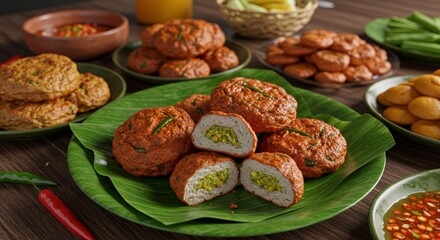 Delicious Thai Tod Mun Pla Fish Cakes Spicy Seafood Appetizer on Banana Leaf