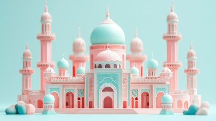 Pastel-colored mosque model, architectural details, serene background